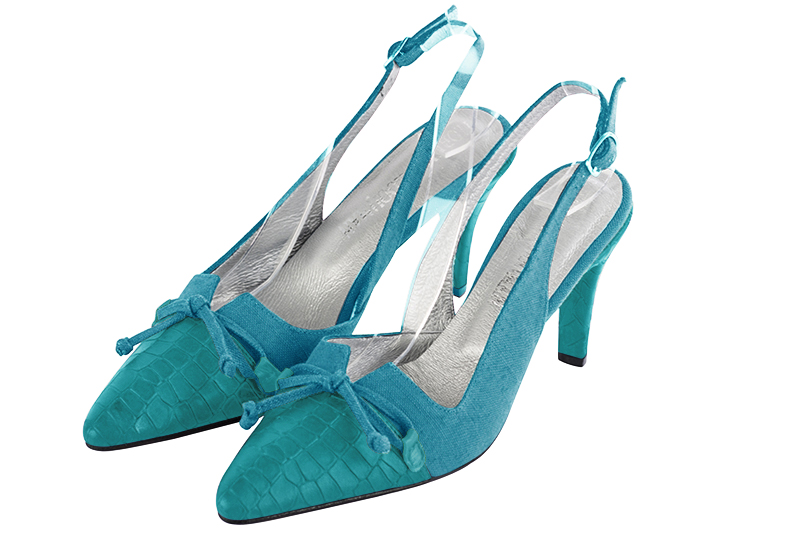 Turquoise blue women's open back shoes, with a knot. Tapered toe. High slim heel. Front view - Florence KOOIJMAN